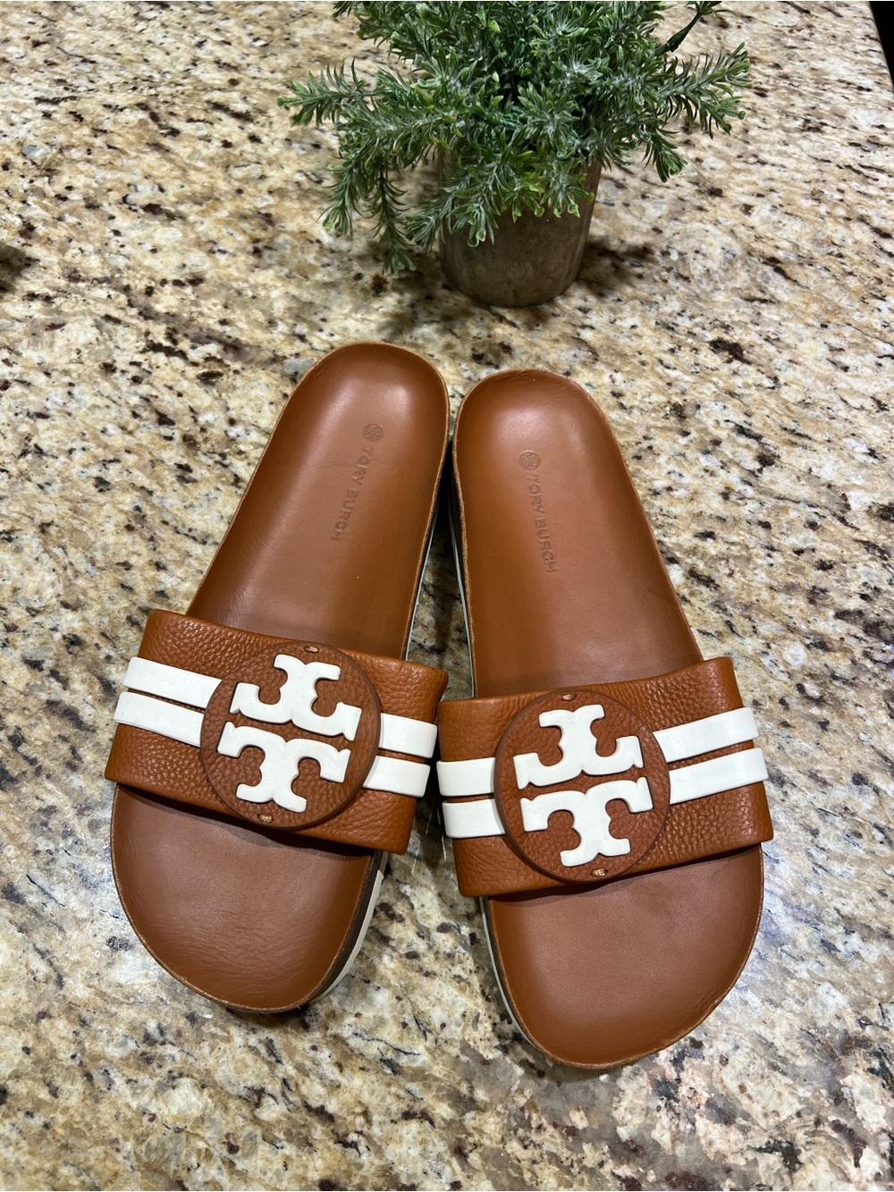 Tory Burch Leight Cloud Brown Sandal Slides with White Logo Stripes 10M